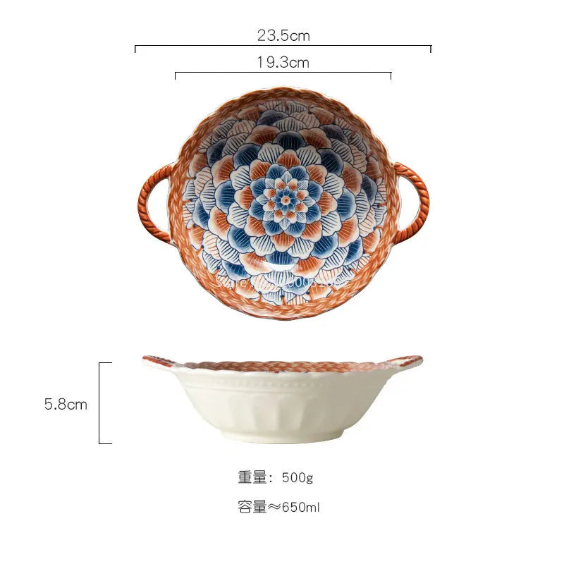 Afralia™ Ceramic Soup Bowl w/ Handle | Kitchen Tableware Microwave Bakeware Salad Pasta Bowl