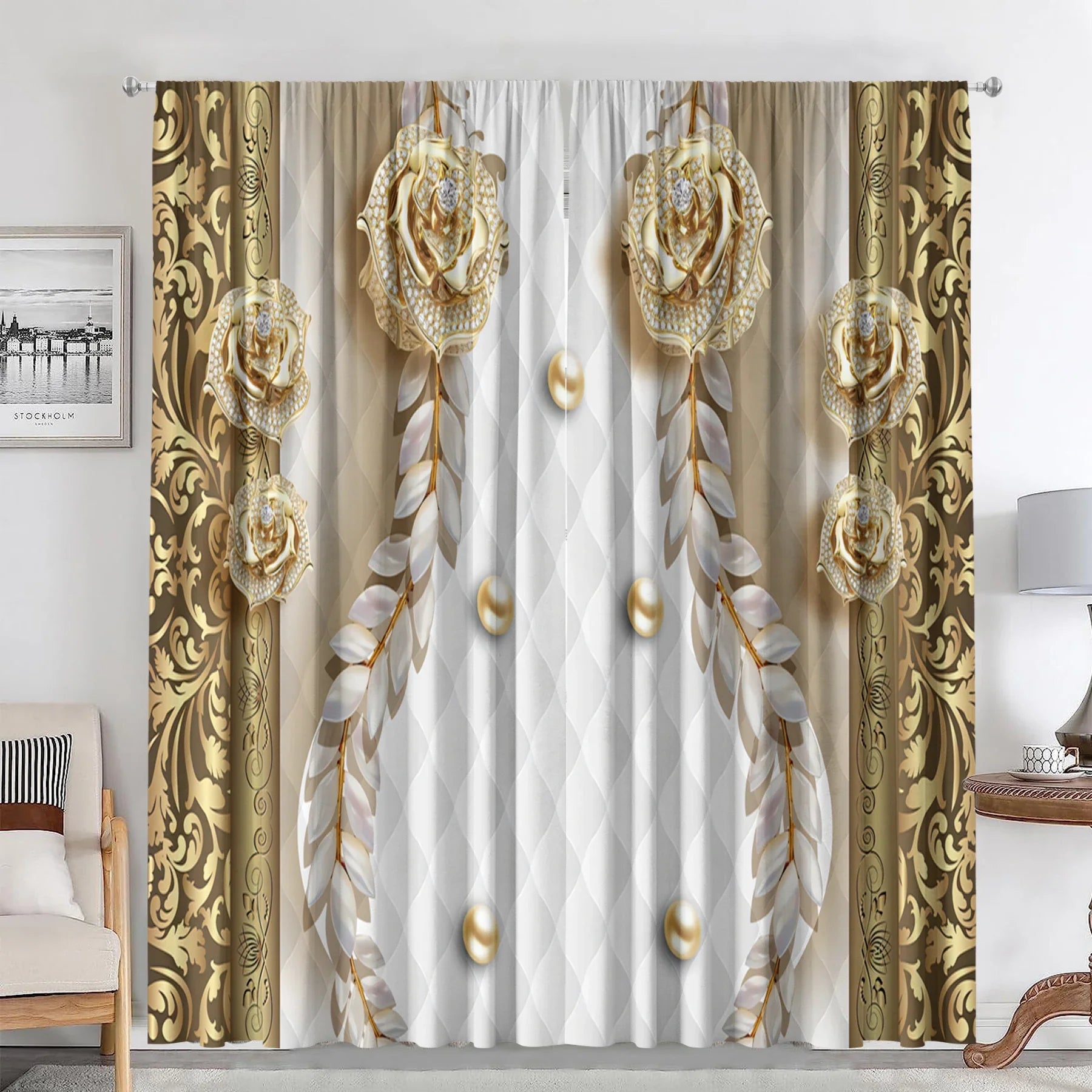 Afralia™ Metal Flower Roses and Swans Pole Pocket Curtains for Kitchen, Living Room