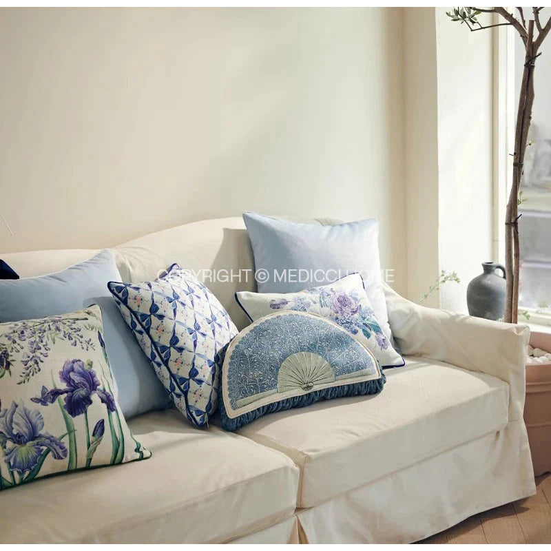 Afralia™ Chinoiserie Blue Wavy Fan Pillowcase Bohemian Print Lumbar Cushion Cover