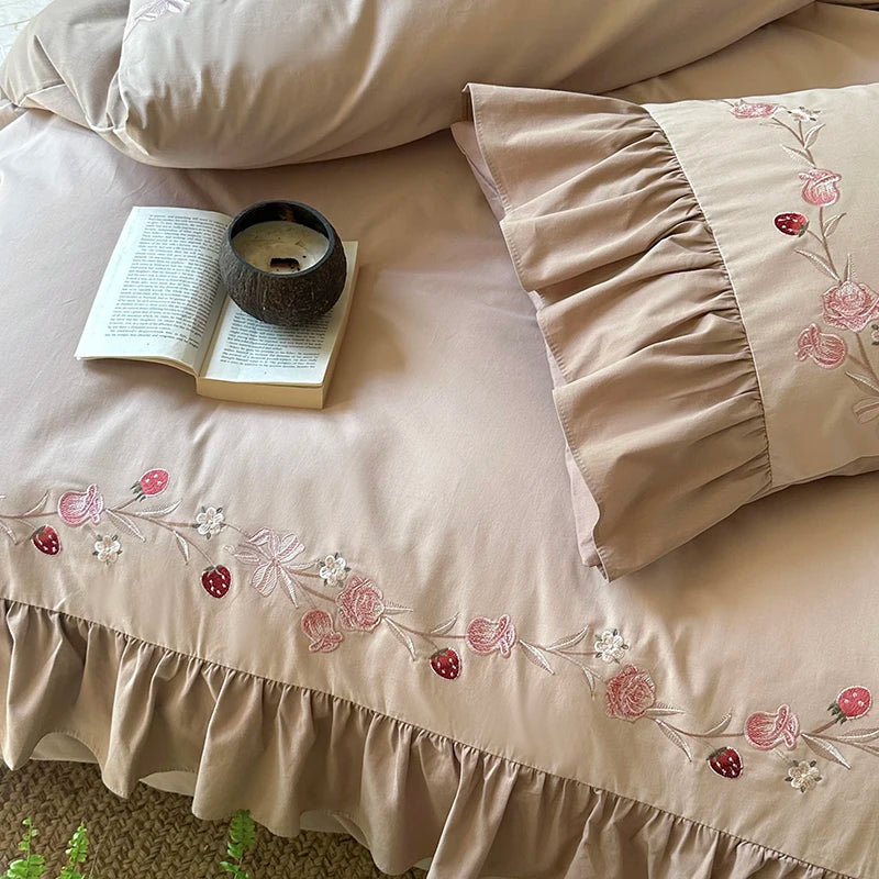 Afralia™ Korean Princess Style Embroidered Bedding Set with Pleated Ruffles in Egyptian Cotton