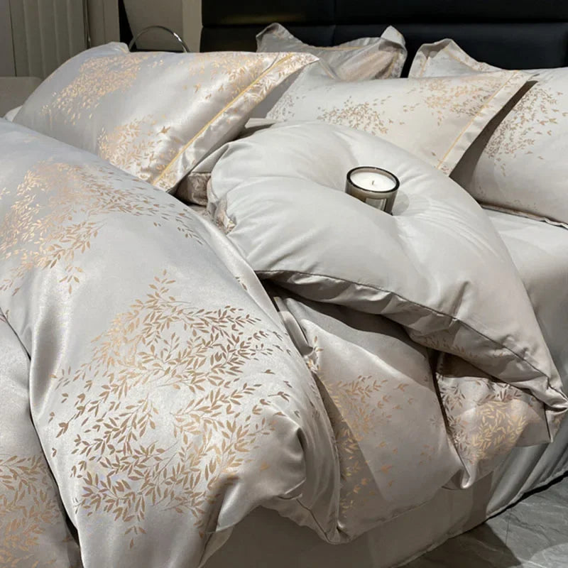 Afralia™ Silk-Cotton Jacquard Bedding Set in Nude, Single/Double Size Soft Bedclothes