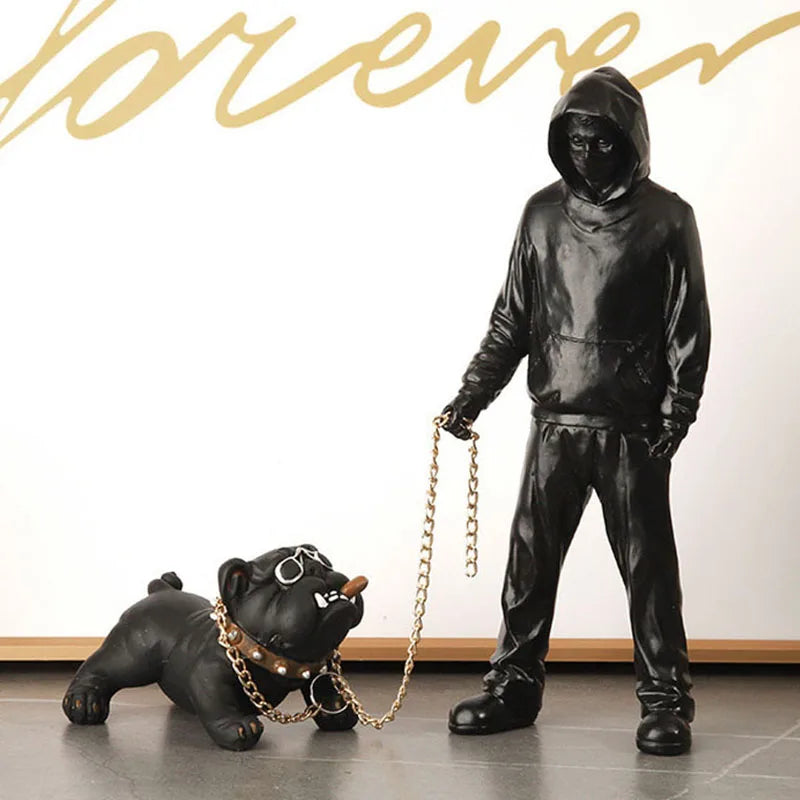 Afralia™ Modern Pop Art Banksy Statue Man Dog Sculpture Home Office Decor