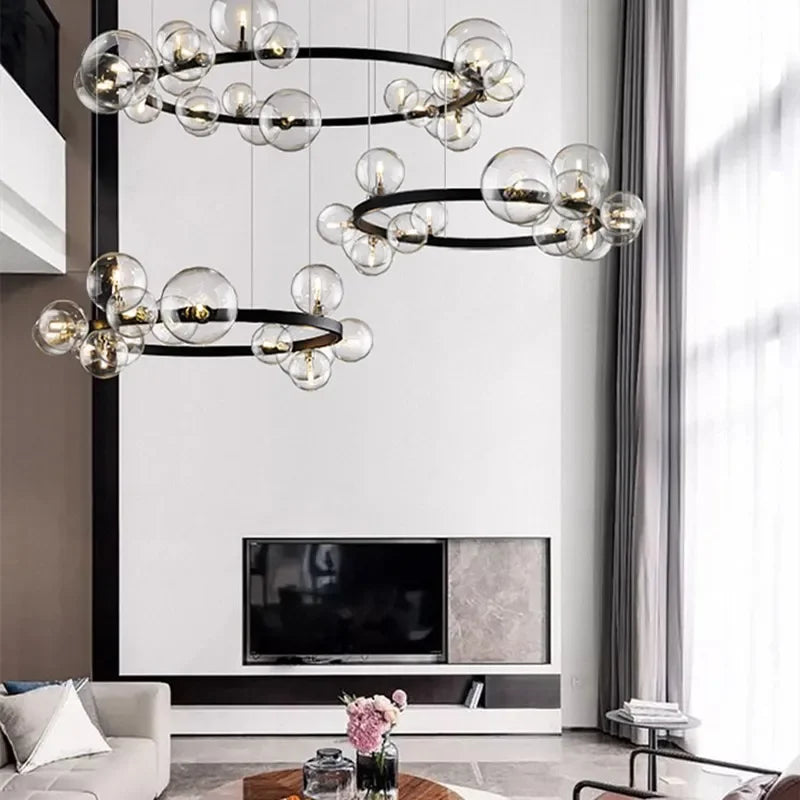 Afralia™ Glass Bubble LED Ceiling Chandelier for Home, Modern Ring Hanging Light Fixtures