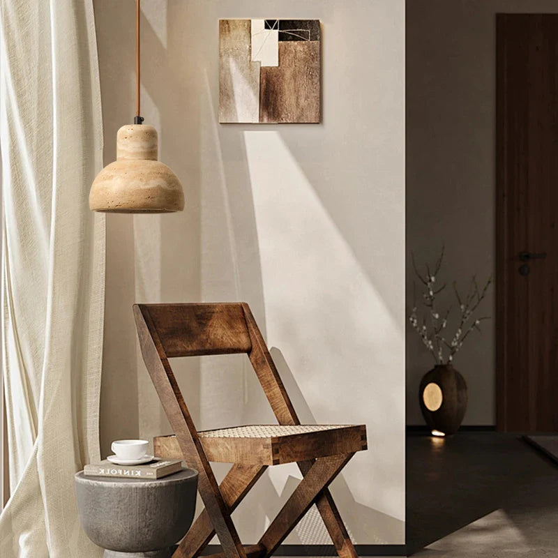 Afralia™ Yellow Travertine Stone LED Pendant Lamp for Kitchen, Living Room, Bedroom
