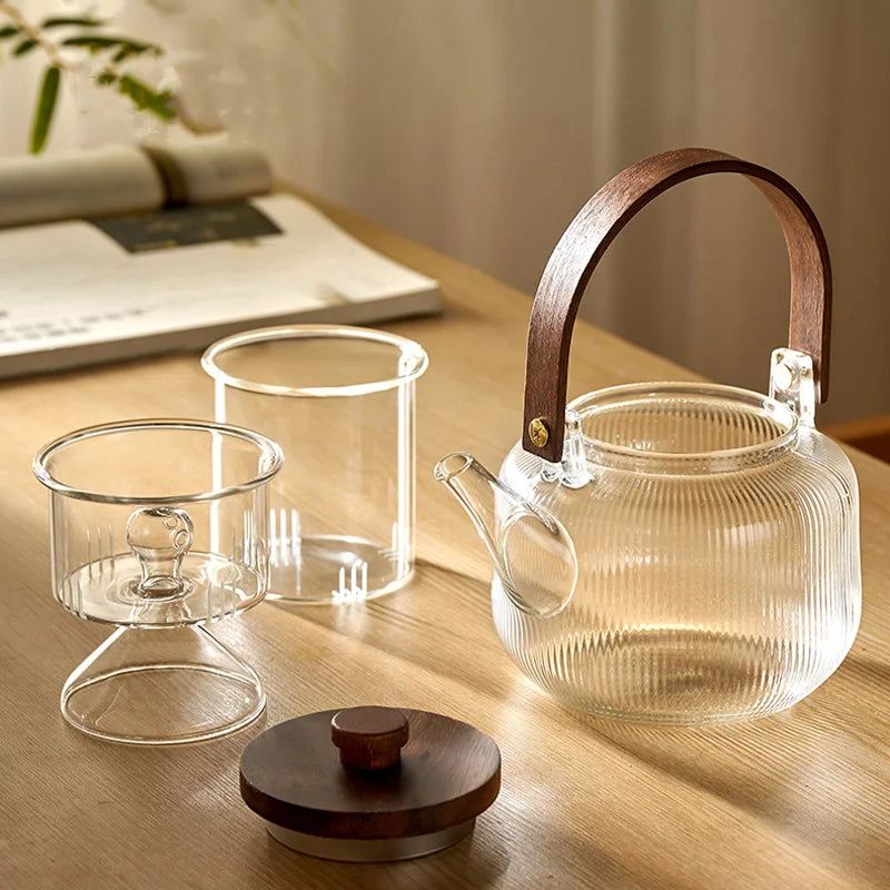 Afralia™ Glass Teapot Set with Wooden Handle and Cover