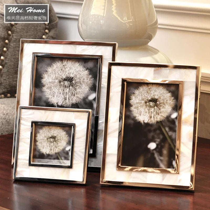 Afralia™ Golden Alloy Shell Photo Frame - Family Portrait Nightstand Desk Decoration