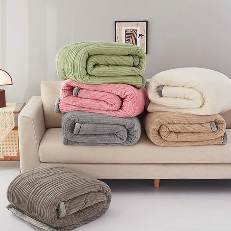 Afralia™ Solid Stripe Faux Rabbit Blanket Flannel for All Seasons, Single Double Bed