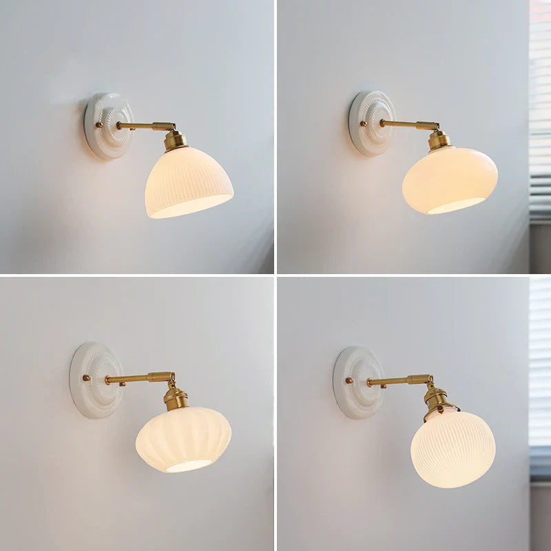 Afralia™ White Glass LED Wall Lights Fixtures Up And Down Ceramic Canopy Copper Arm Socket