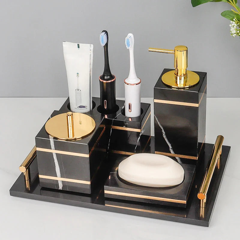 Afralia™ Nero Marquin Marble Bathroom Set with Gold Accents