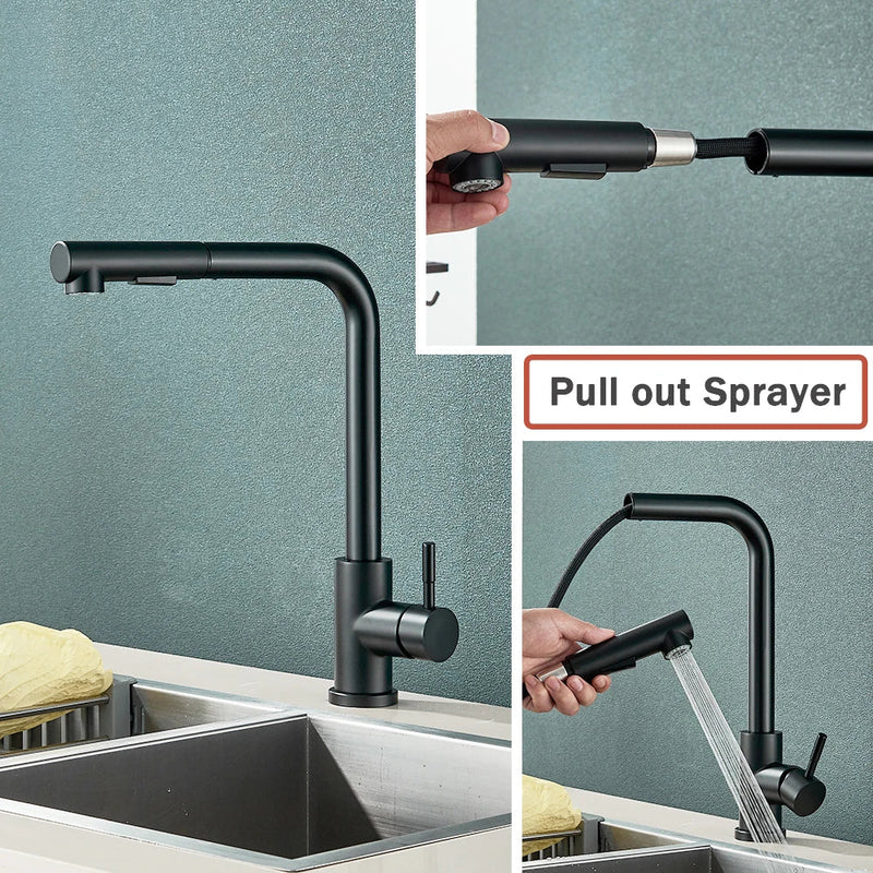 Afralia™ Black Pull Out Kitchen Faucet 360° Rotation 2 Ways Nozzle Hot Cold Mixer Tap