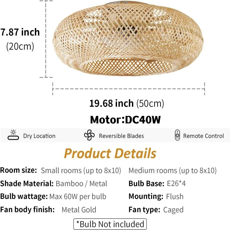 Afralia™ Bamboo Ceiling Fan with Rattan Cage Light & Remote Control