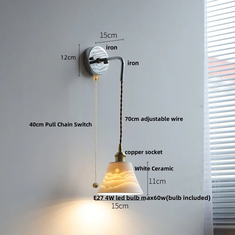 Afralia™ Ceramic LED Wall Sconce Pull Chain Switch Bedside Lamp White Nordic Modern Fixtures