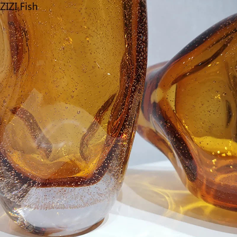 Afralia™ Amber Glass Vase & Artificial Flower Desk Decoration for Room Aesthetic