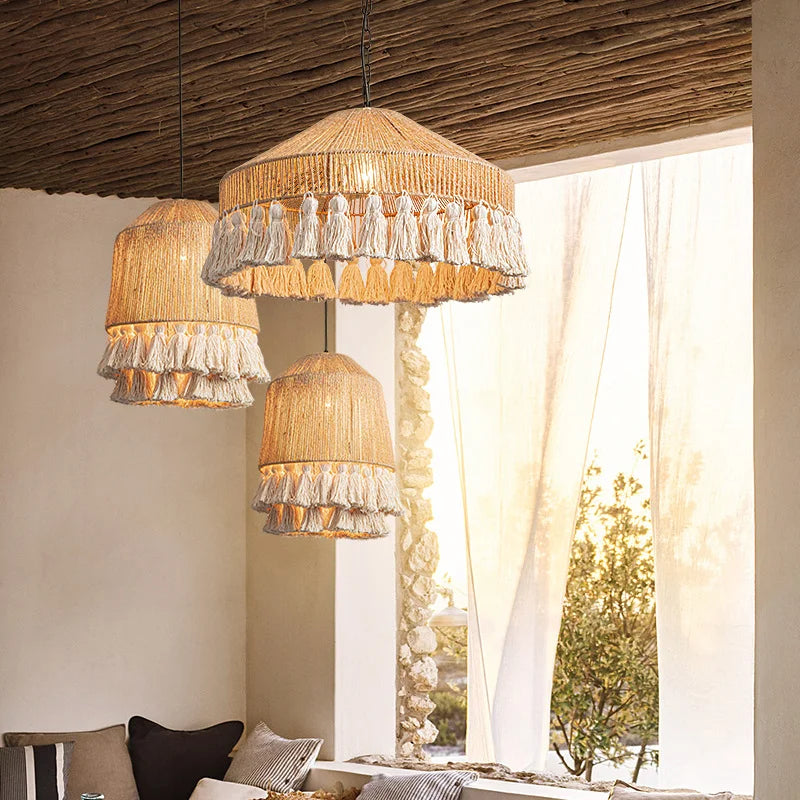 Afralia™ Vintage Hemp Rope Tassel Pendant Light for Kitchen Living Room Bedroom