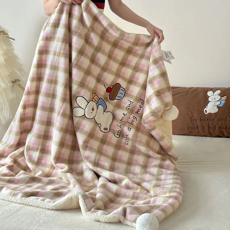 Afralia™ Cartoon Patch Woolen Blanket with Fur Balls for Single Bed