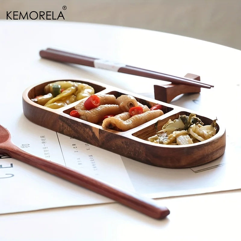 Afralia™ Acacia Wood Oval Three-Compartment Japanese Dip Plate | Breakfast Dip Plate