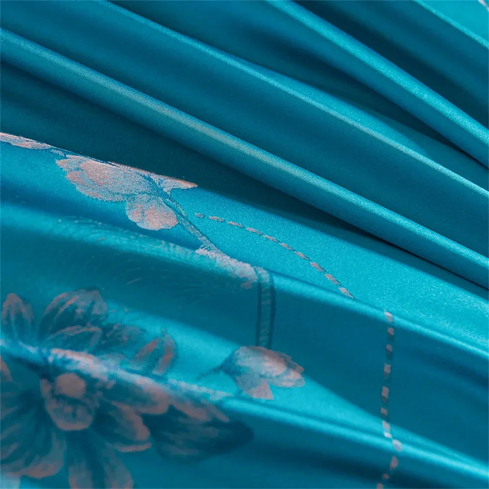 Afralia™ Blue Satin Jacquard Embroidery Bedding Set: King/Queen Size Bed Lines, Duvet Cover, Pillowcase
