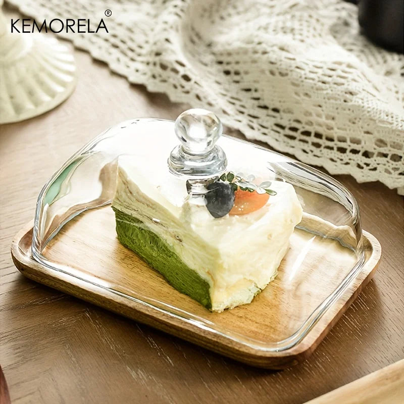 Afralia™ Cake Dessert Wood Plate with Glass Dust Cover | Elegant Serving Dish for Various Treats