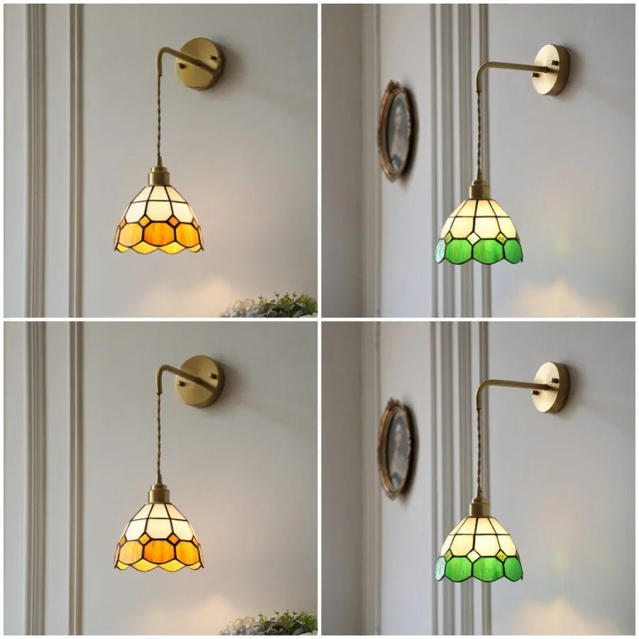 Afralia™ Tiffany Glass LED Wall Sconce | Adjustable Wire Fixture | Modern Pull Chain Switch