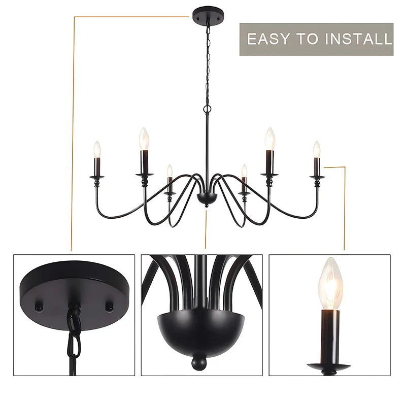 Afralia™ Black 6-Light Chandelier, Wrought Iron Farmhouse Pendant Light, Classic Candle Fixture