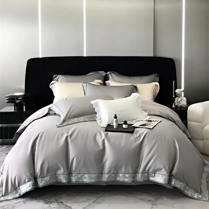 Afralia™ Gold Embroidery Duvet Set, Black Egyptian Cotton Bedding, 1000TC, Double King Queen