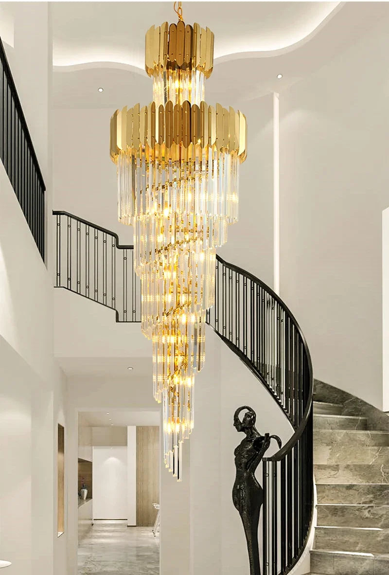 Afralia™ Golden Luxury Hotel Lobby Crystal Chandelier for Multi-Story Staircase Lighting