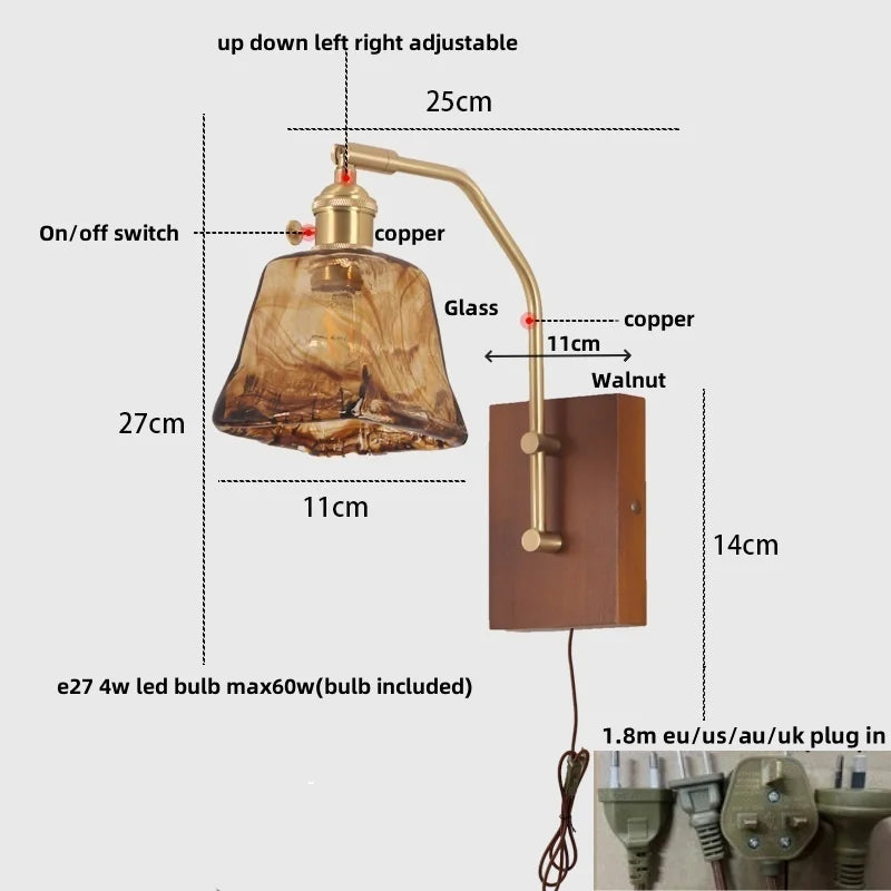 Afralia™ LED Glass & Wood Wall Lamp with Pull Chain Switch for Living Room, Bedroom, Bathroom