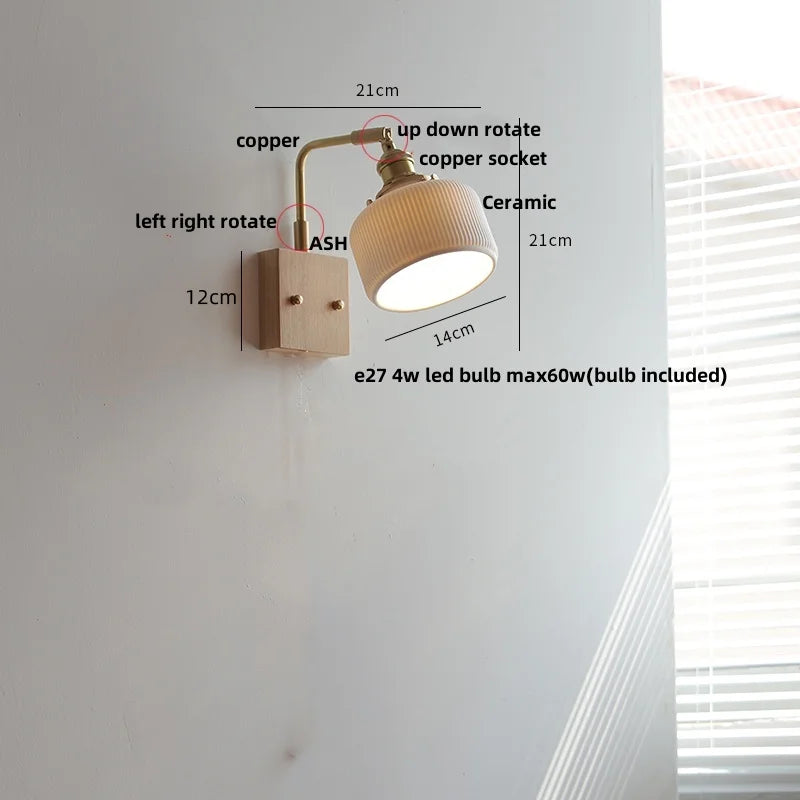Afralia™ Ceramic LED Wall Light Fixture White Copper Walnut Ash Bedside Lamp