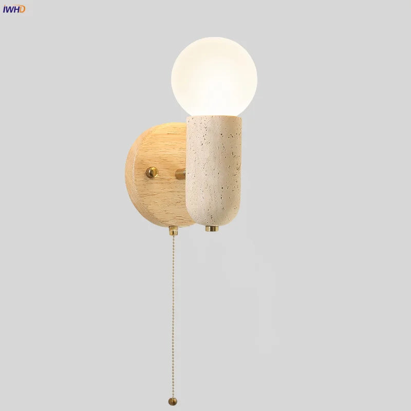 Afralia™ LED Wall Sconce Pull Chain Switch Modern Wood Yellow Travertine Stair Light