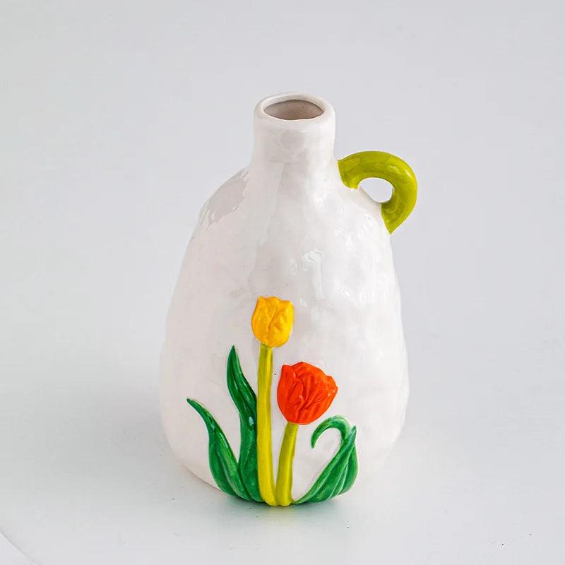 Afralia™ Tulip Embossed Ceramic Vase - Colorful Floral Pattern - Home Décor Vase
