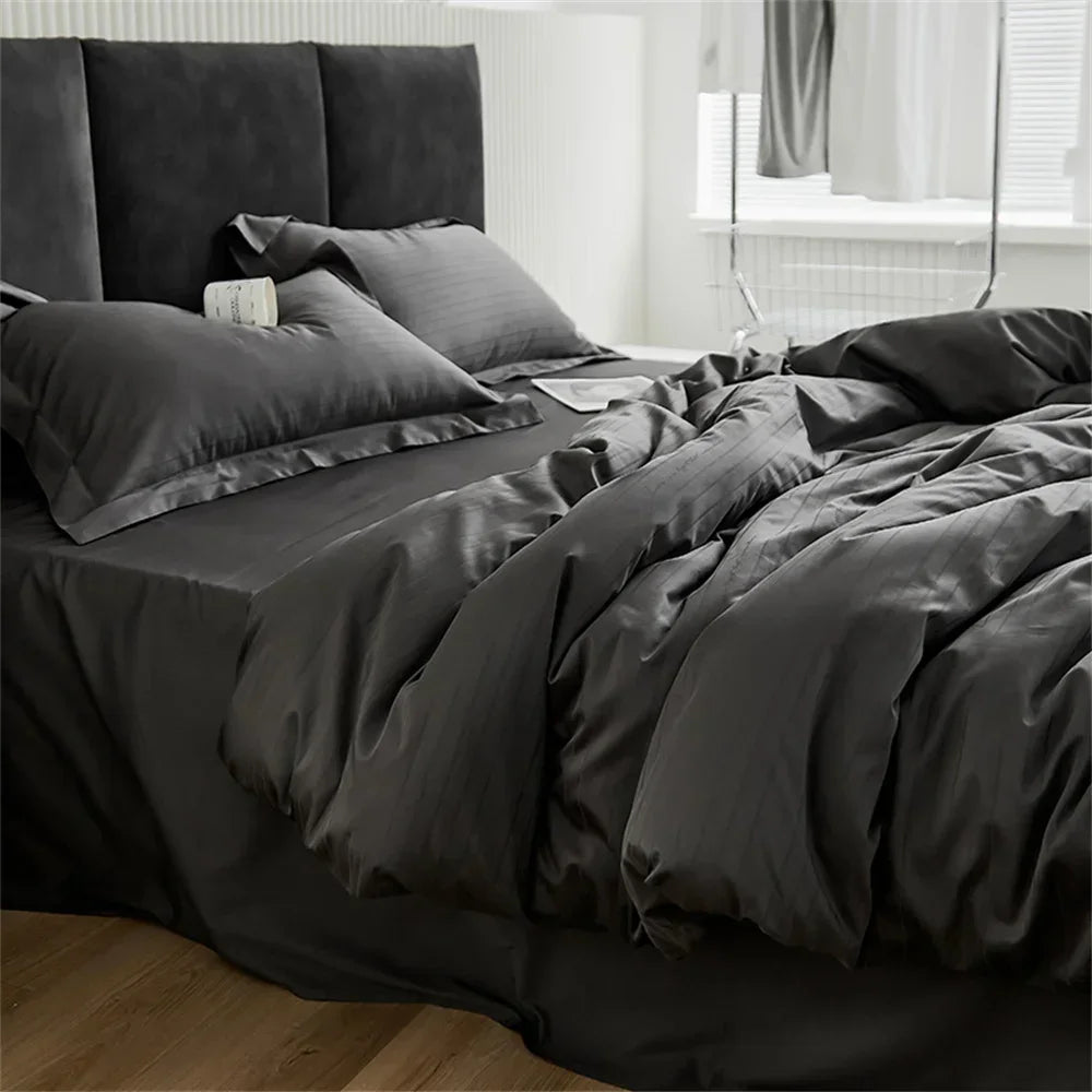 Afralia™ Grey Lines Stripes Duvet Cover Set Cotton Satin Jacquard Queen King Size