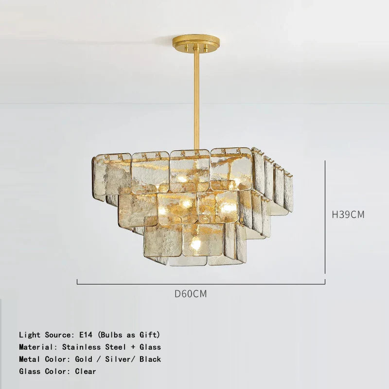 Afralia™ Gold Glass Square Chandelier - Light luxury Living Room Ceiling Fixture