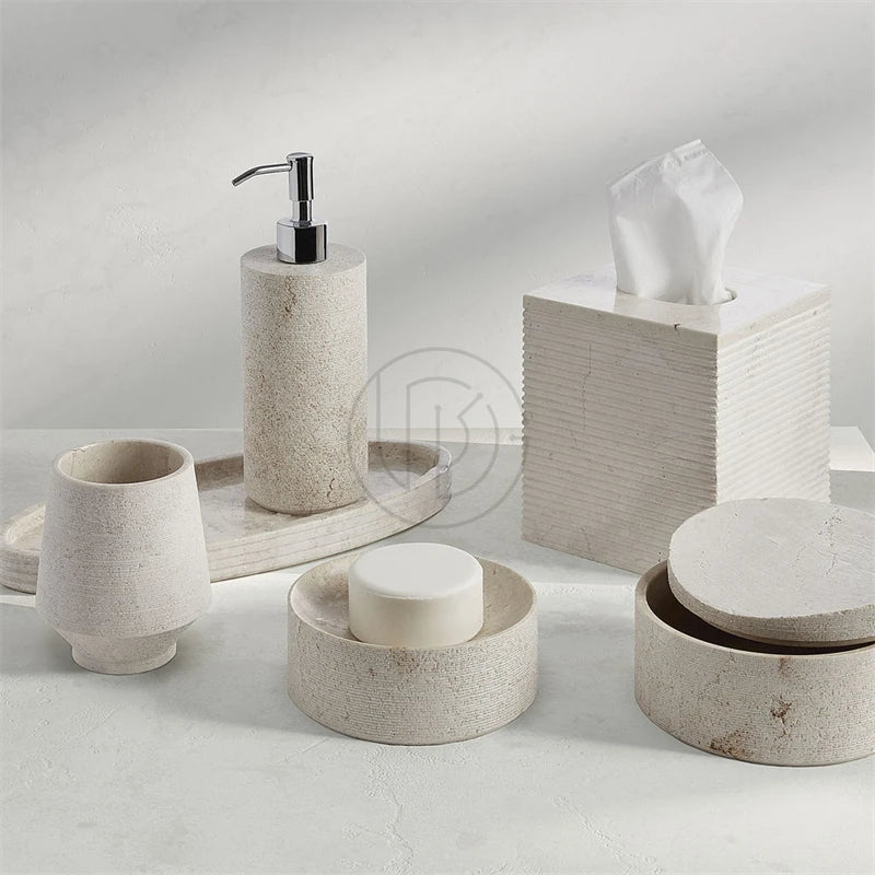 Afralia™ Marble Beige Travertine Storage Jar with Lid