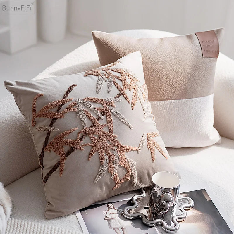 Afralia™ Embroidered Velvet Floral Pillow Cover Beige Black 45x45cm Luxury Decoration