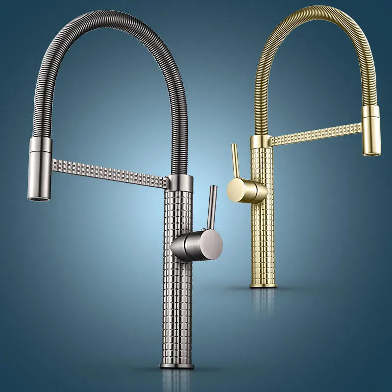 Afralia™ Spring Carved Brass Kitchen Faucet Mixer with Rotating Pull Down Handle