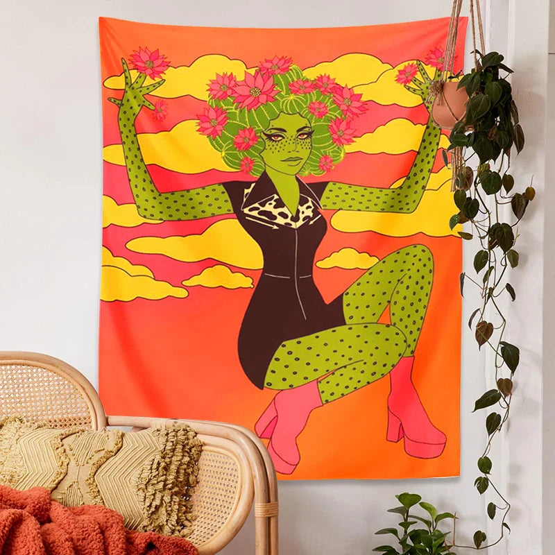 Afralia™ Cactus Girl Tapestry Wall Hanging 60s Flower Psychedelic Retro Boho Decor