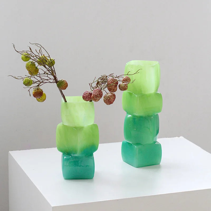 Afralia™ Square Geometric Glass Vase Gradient Color Flower Arrangement Home Decor