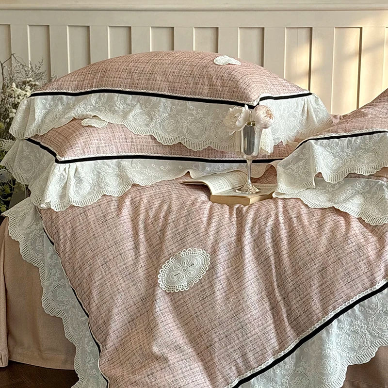 Afralia™ French Lace Ruffles Lattice Bedding Set 1000TC Egyptian Cotton Duvet Cover Sheets Pillows