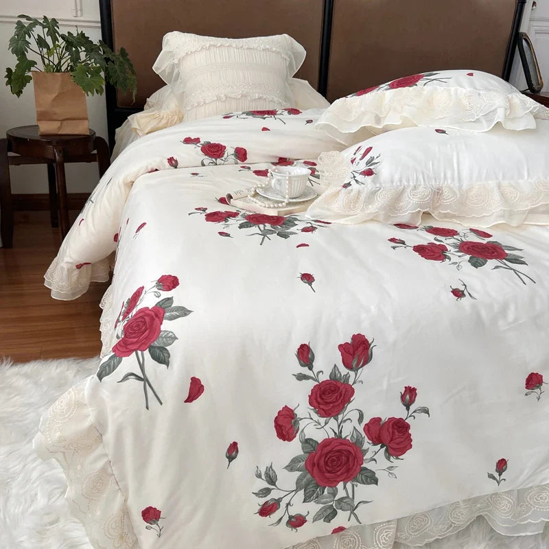 Afralia™ Vintage French Rose Flowers Double Layer Lace Ruffles Bedding Set