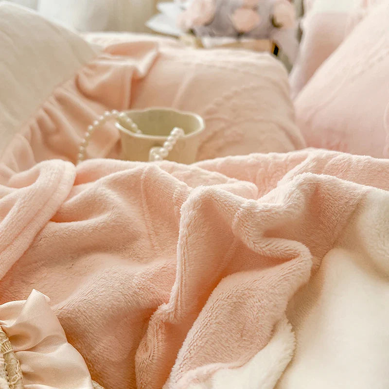 Afralia™ Vintage French Velvet Lace Embroidery Bedding Set with Ruffles Flowers