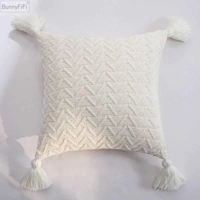 Afralia™ Soft Knit Tassel Pillow Cover 45x45cm Solid Pink Grey Cream for Home Decoration