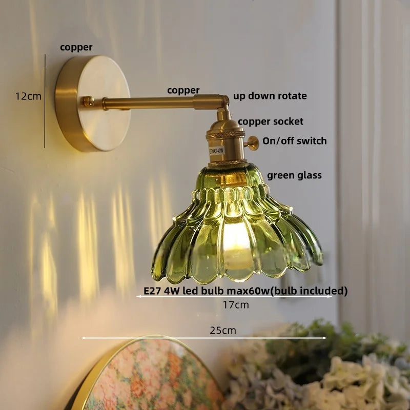 Afralia™ Flower Glass Pull Chain Wall Sconce, Rotatable Copper LED Stair Light