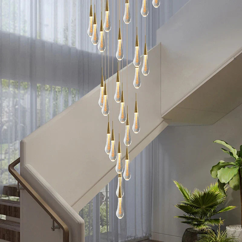 Afralia™ Crystal Teardrop Chandelier Staircase LED Pendant Light, Gold Living Room Decor