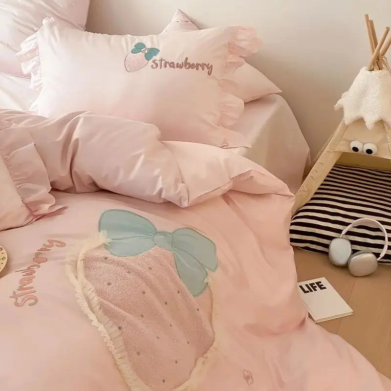 Afralia™ Pink Strawberry Embroidery Girl Bedding Set 1000TC Egyptian Cotton