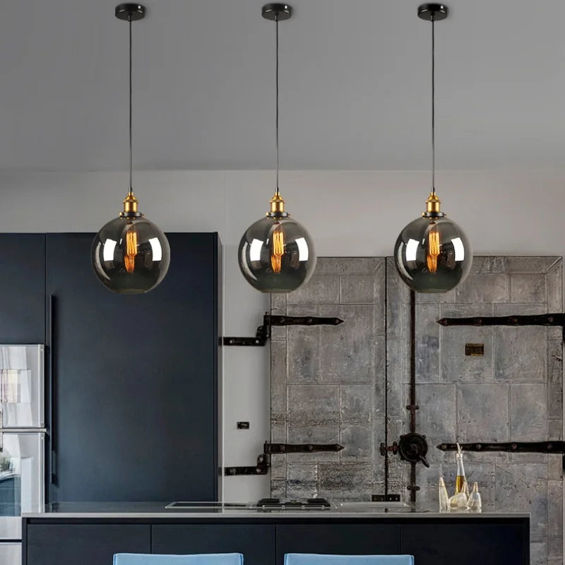 Afralia™ Loft Smoke Gray Glass LED Pendant Lamp - Vintage Brass Hanging Light