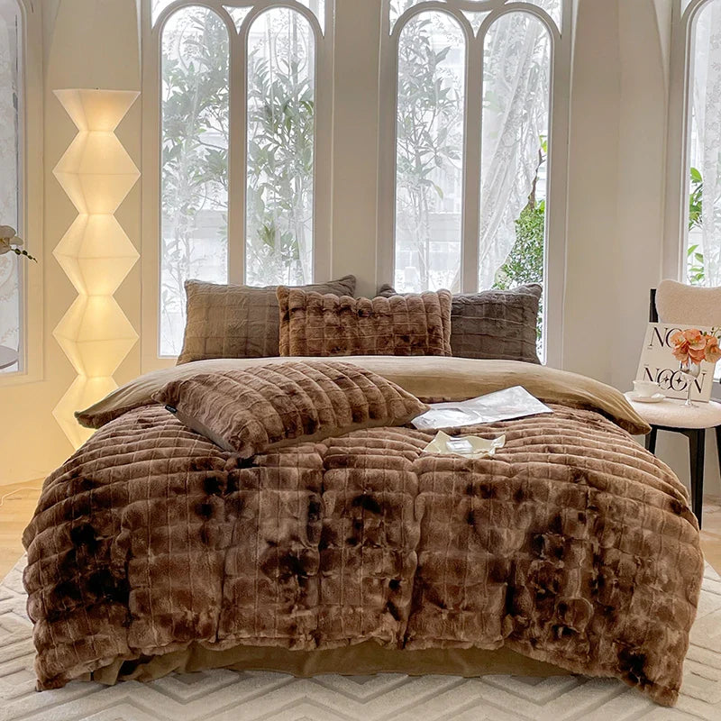 Afralia™ Velvet Fleece Bedding Set: Duvet Cover, Blanket, Sheet, Pillowcases in Caramel Brown Fur