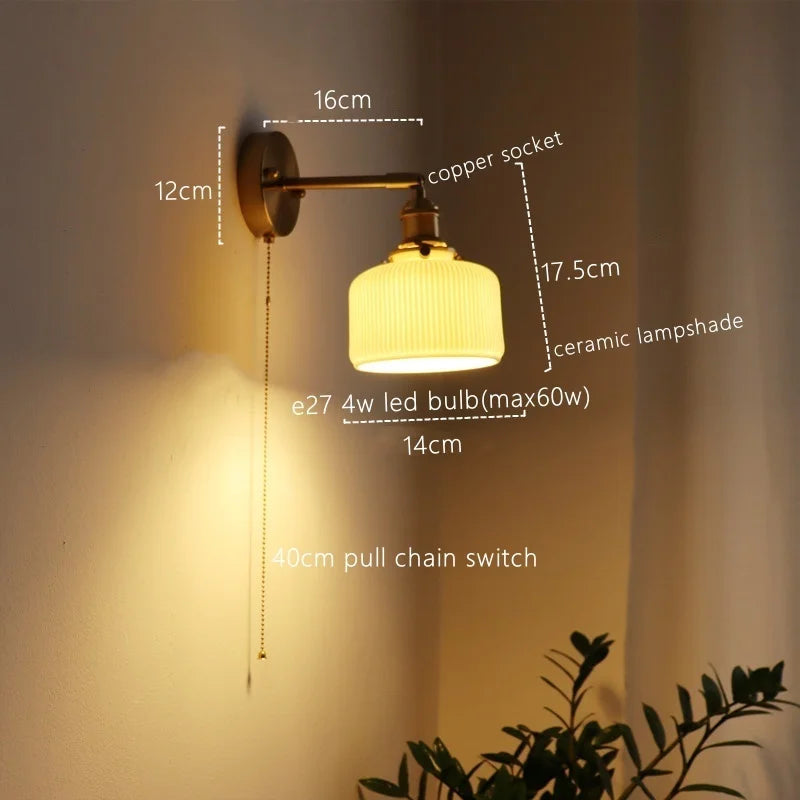 Afralia™ Ceramic LED Wall Sconce Pull Chain Switch for Dining Bedroom Bathroom Mirror