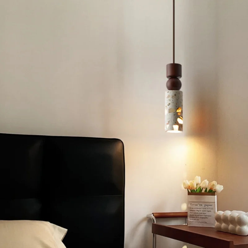 Afralia™ Terrazzo Wood LED Pendant Light for Bedroom Dining Room Japanese Vintage Style