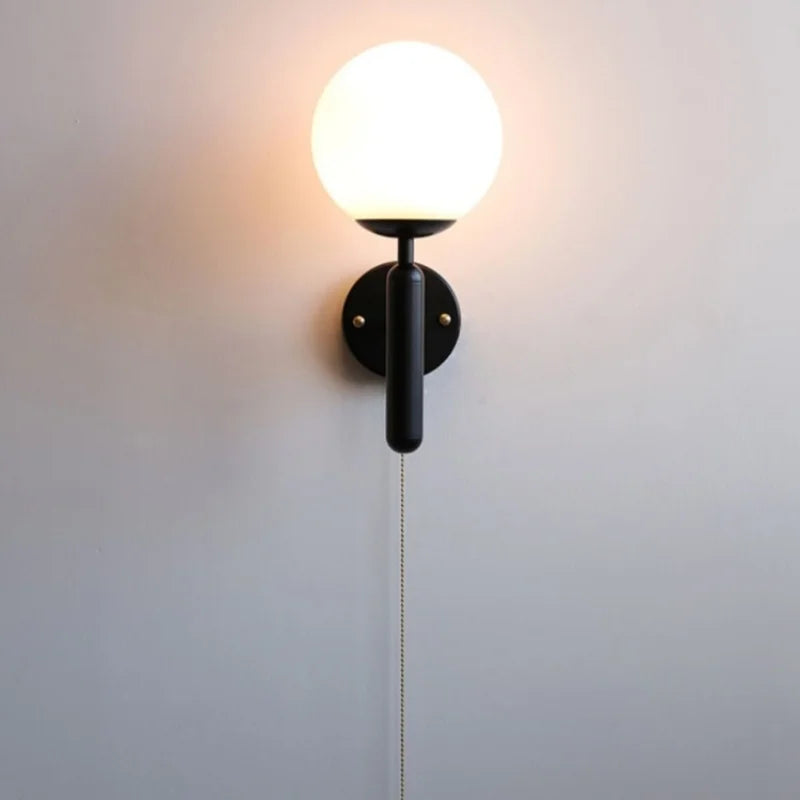Afralia™ Modern Black Iron LED Wall Light with Pull Chain Switch & White Glass