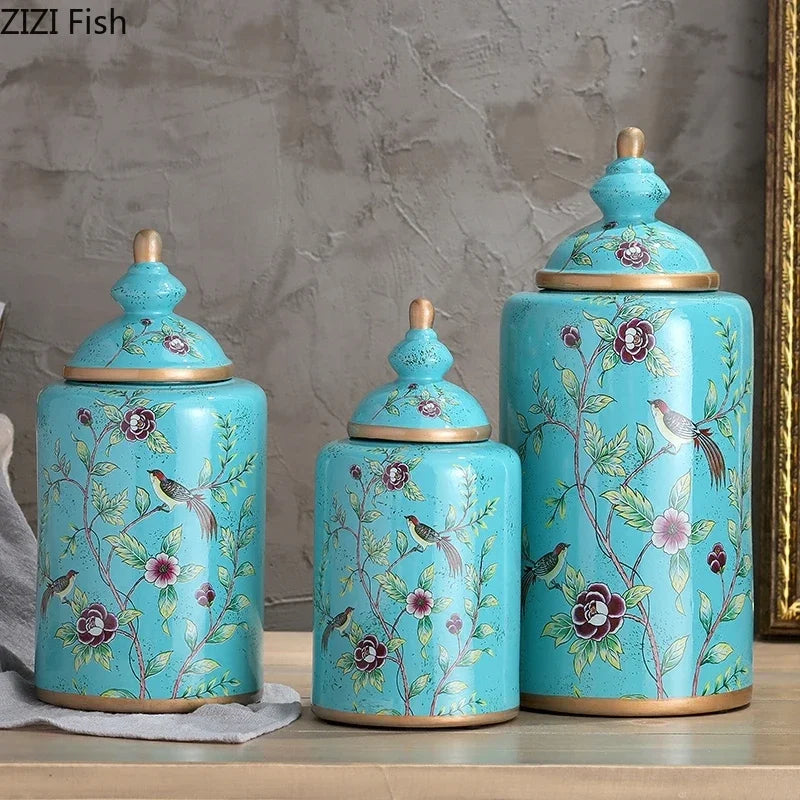 Afralia™ European Flower Bird Ceramic Storage Jar Vase Decoration Tea Coffee Beans Candy Home Decor